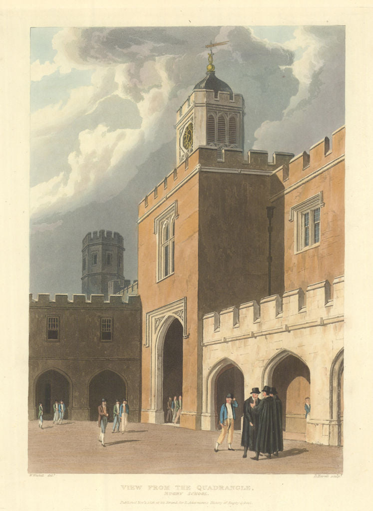 View from the Quadrangle, Rugby School. Old Quad. Ackermann's schools 1816